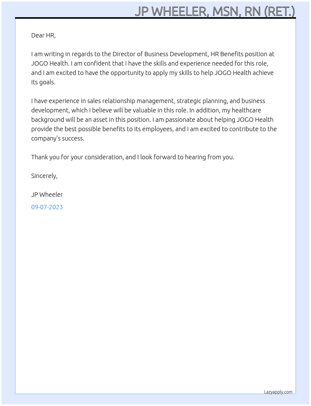 Director of Business Development, HR Benefits At JOGO Health Cover Letter