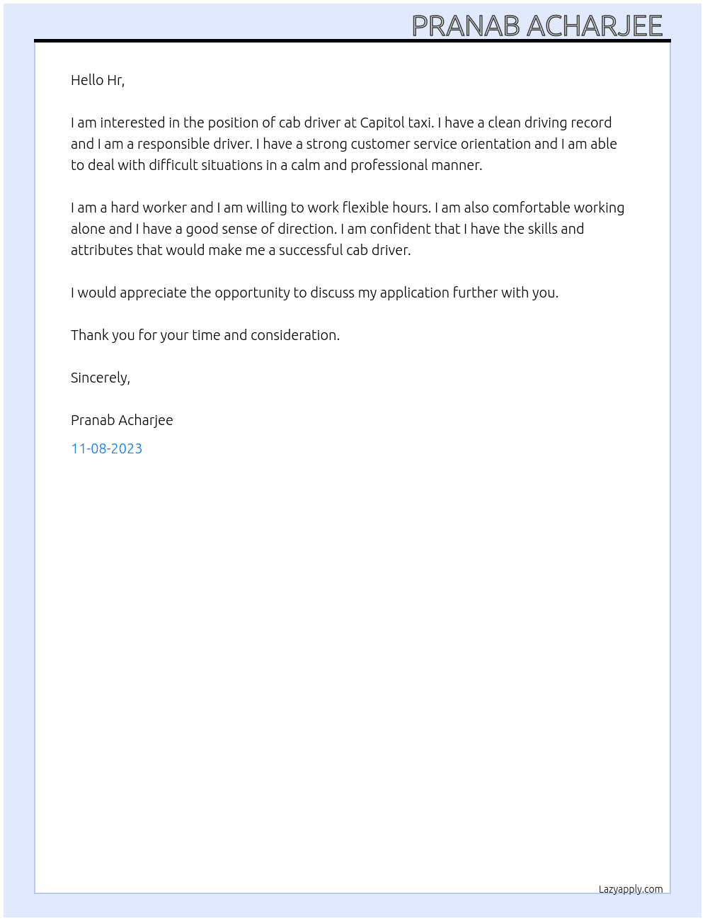 Cab driver At Capitol taxi Cover Letter