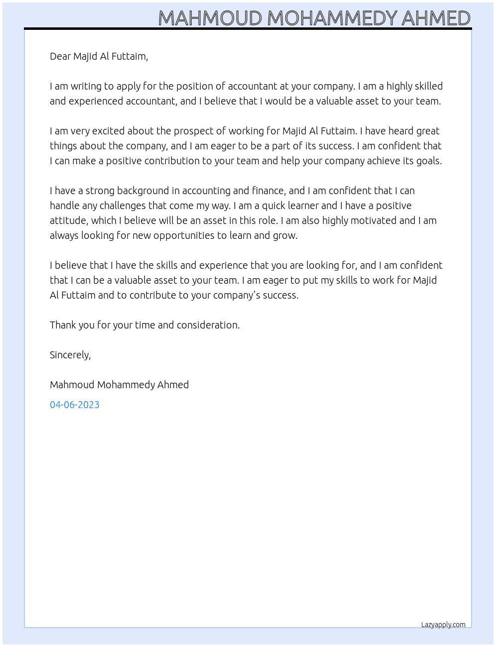 Accountant At Majid Al Futtaim Cover Letter