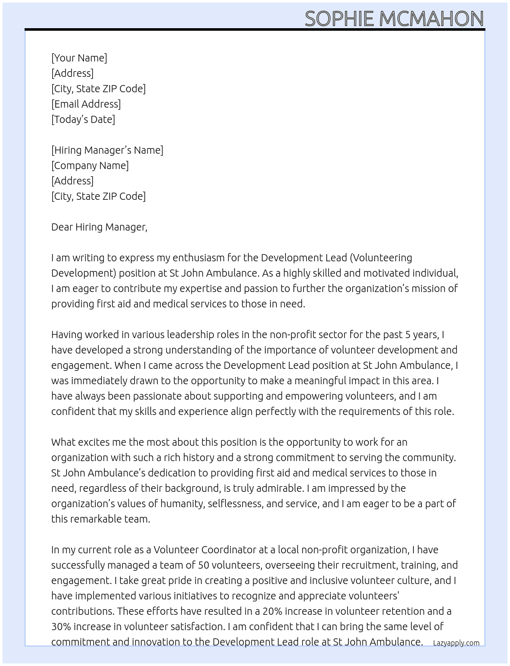 Development Lead (Volunteering Development) At St John Ambulance Cover Letter