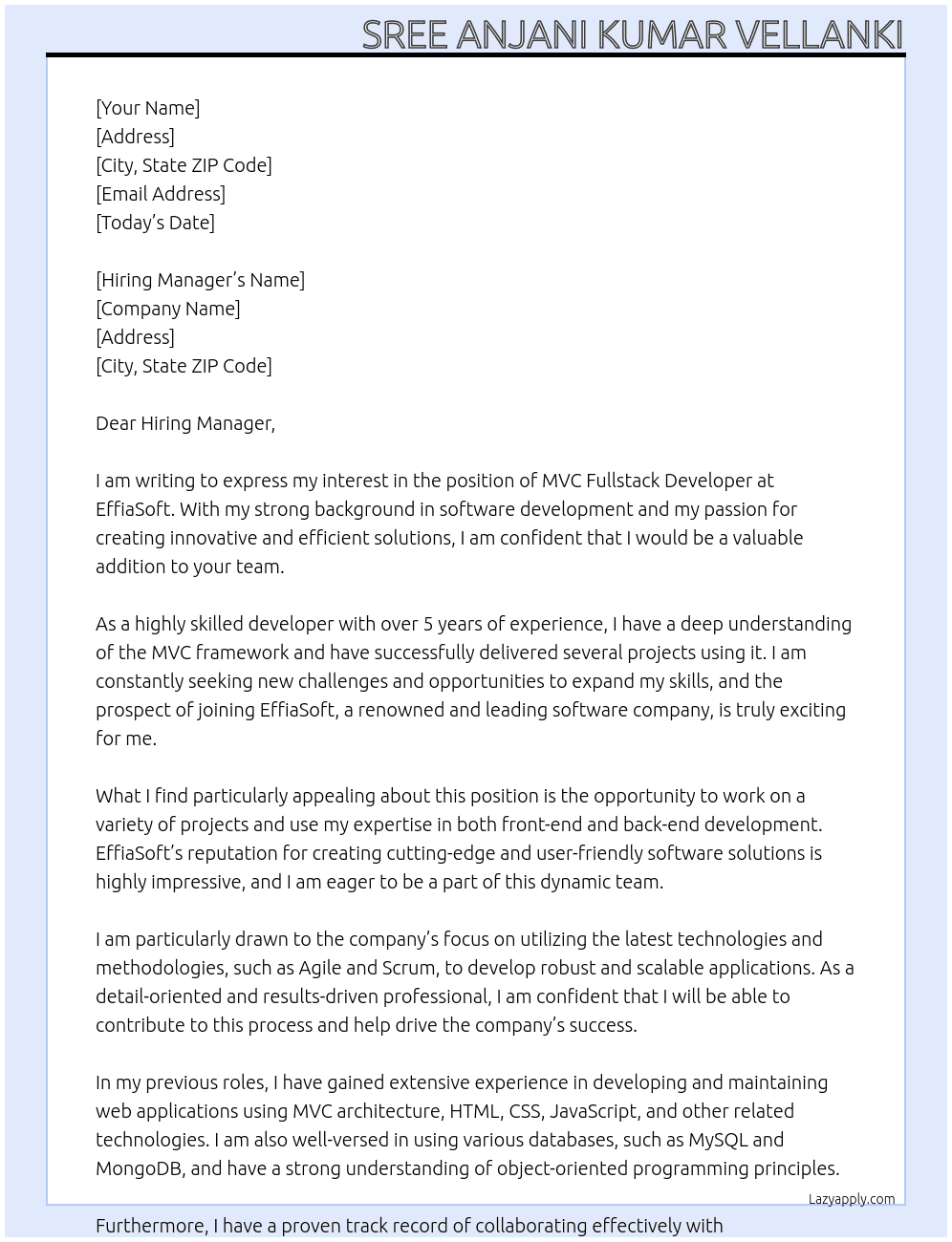 MVC fullstack Developer At EffiaSoft Cover Letter