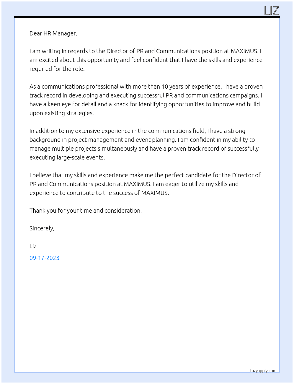 Director of PR and communications At MAXIMUS Cover Letter