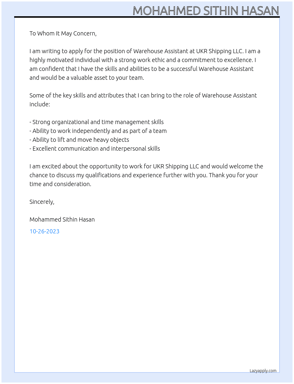 Warehouse assistant  At UKR shipping llc Cover Letter