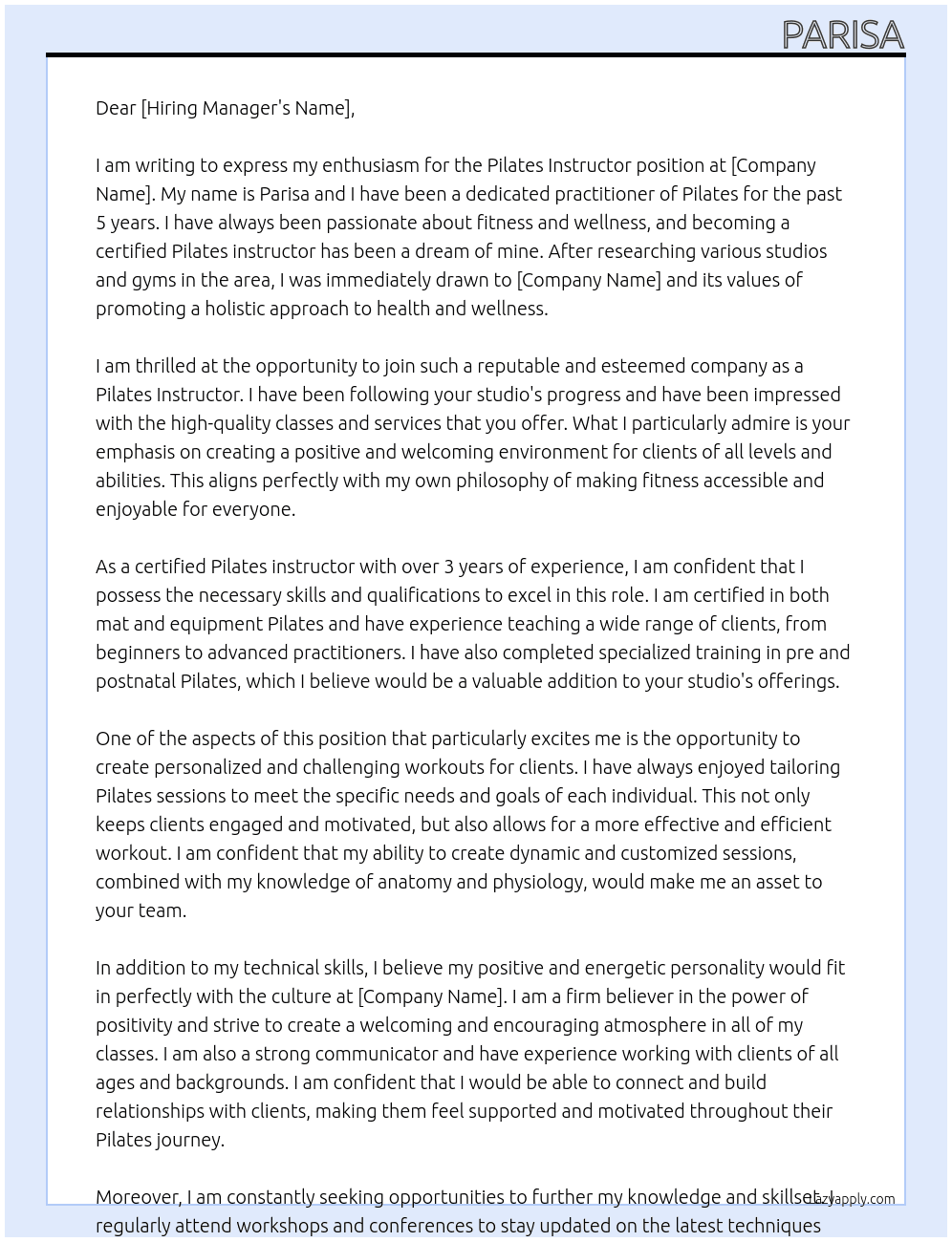 pilates instructor At pilates Cover Letter