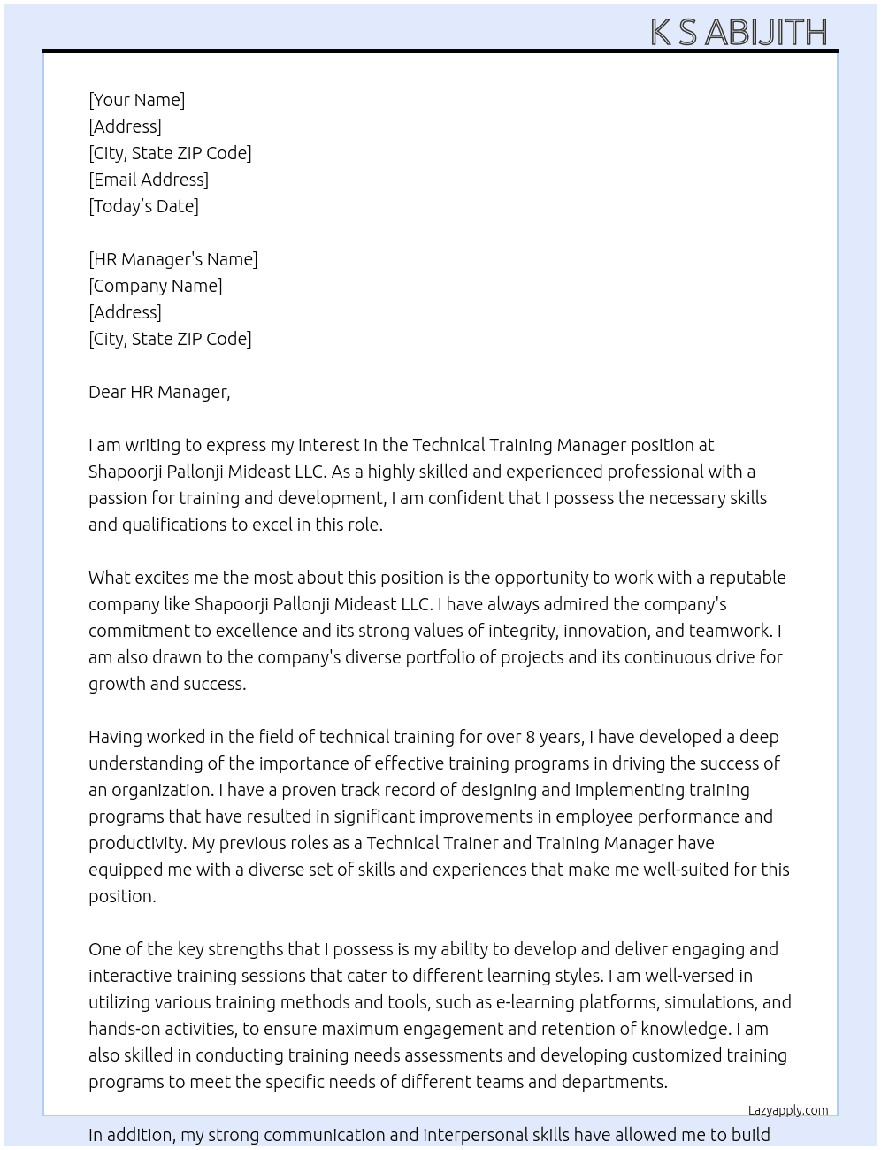 Technical Training Manager At Shapoorji Pallonji Mideast LLC Cover Letter
