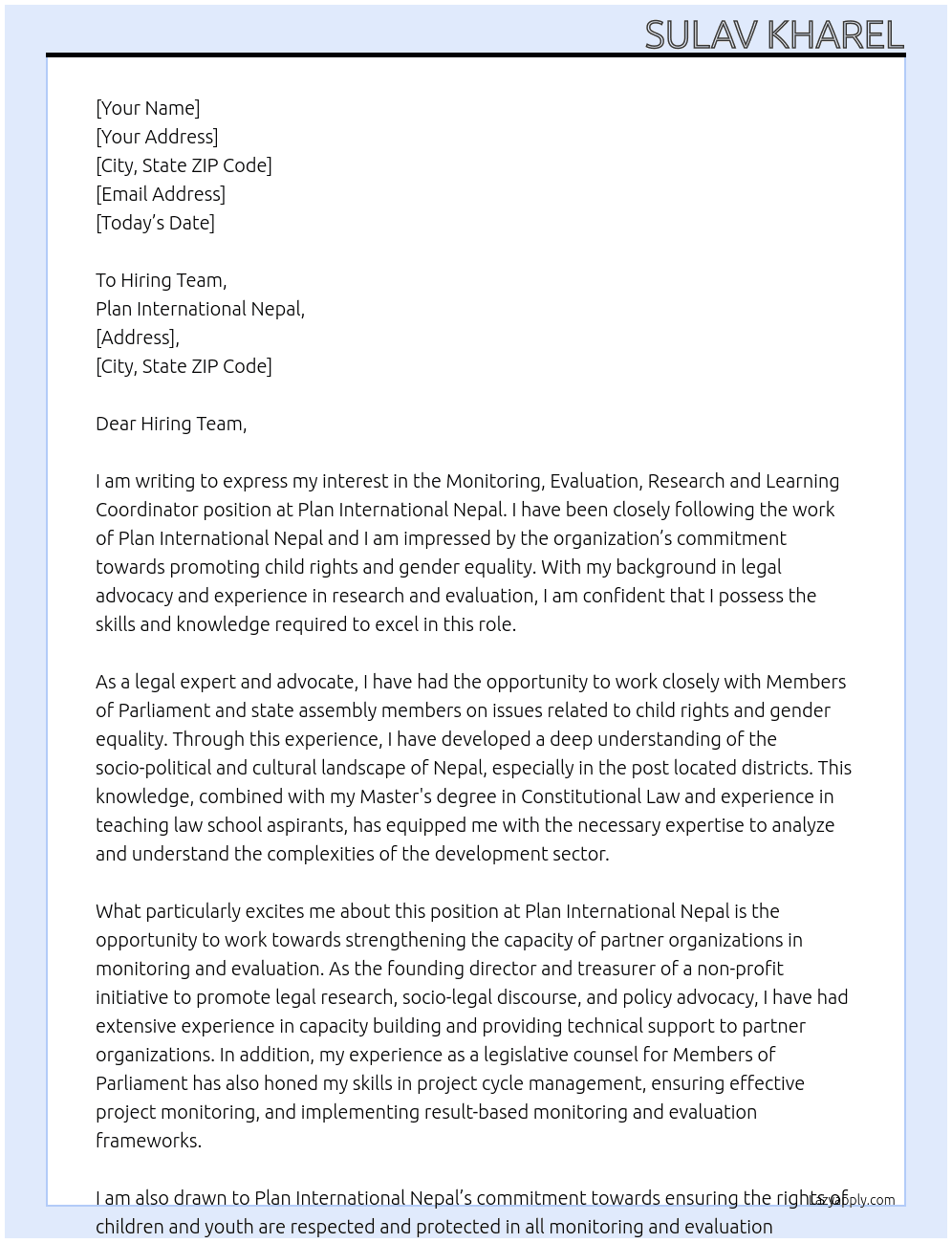 Monitoring, Evaluation, Research and Learning Coordinator At Plan International Nepal Cover Letter