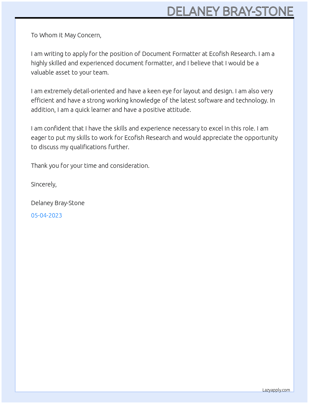 Document Formatter At Ecofish Research Cover Letter