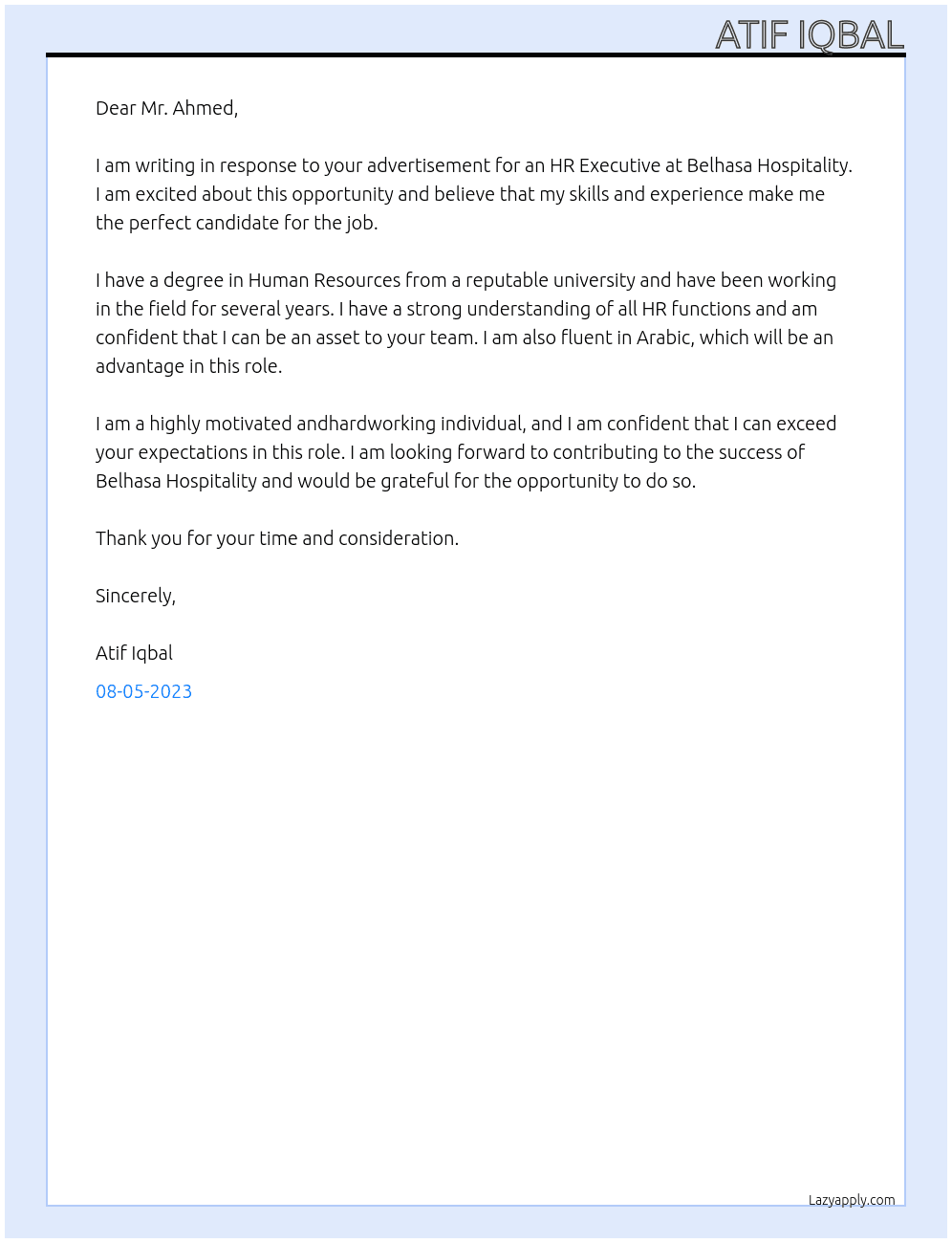 HR Executive  At Belhasa Hospitality  Cover Letter