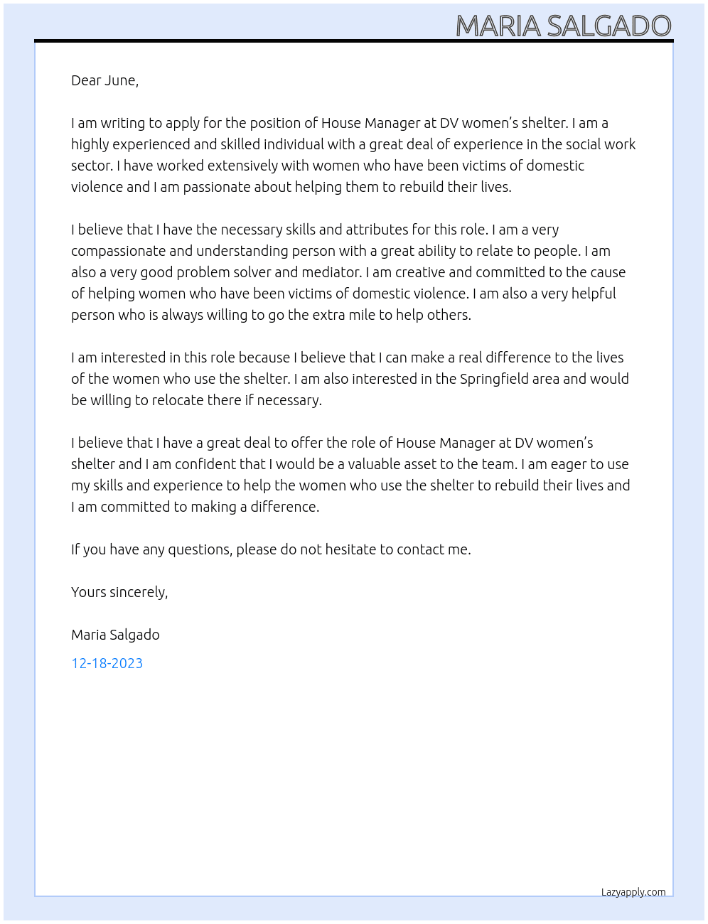House manager DV women’s shelter  At Ann’s heart woman’s shelter  Cover Letter