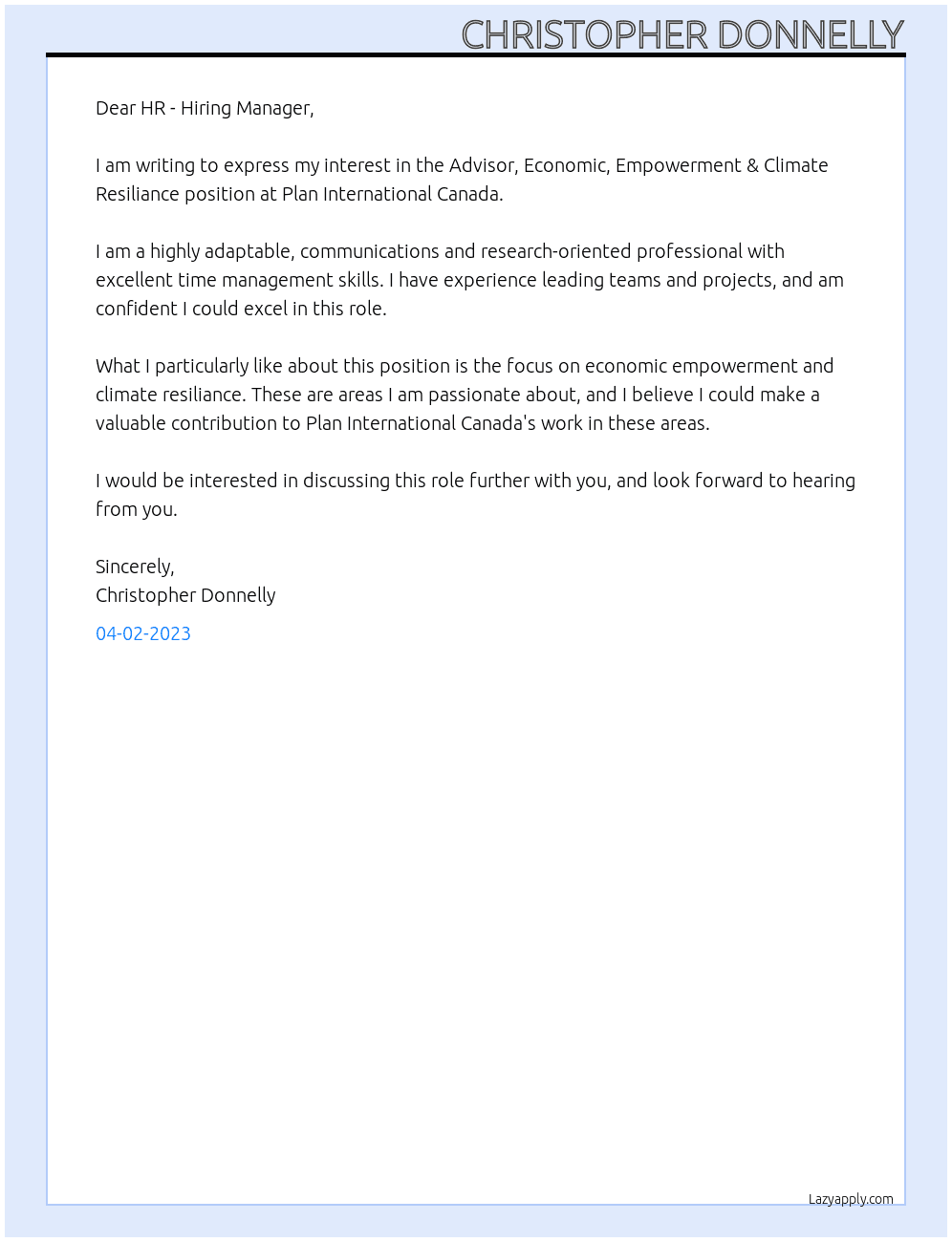 Advisor, Economic, Empowerment & Climate Resiliance At Plan International Canada Cover Letter
