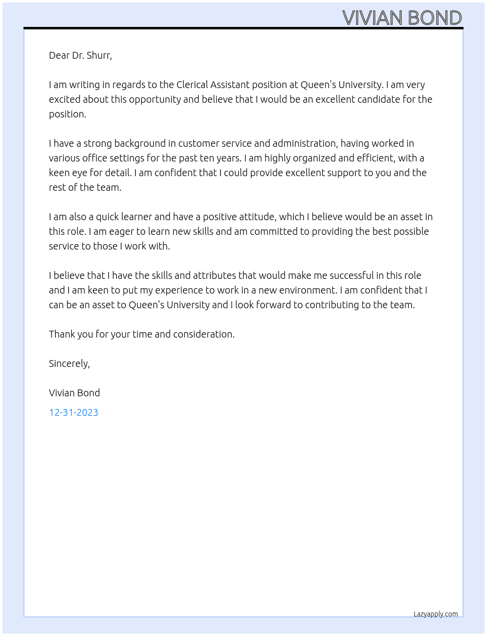 Clerical Assistant At Queen's University Cover Letter