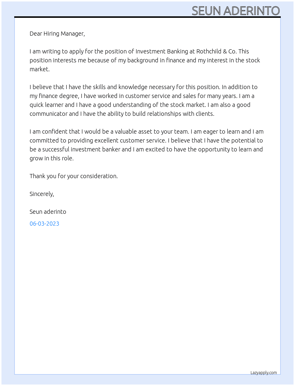 Investment banking  At Rothchild & co Cover Letter