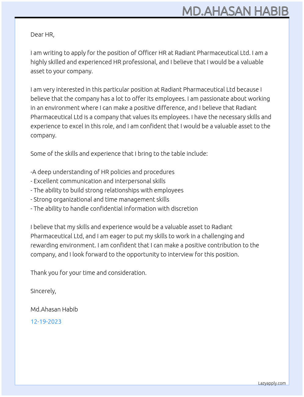 Officer Hr At Radiant Pharmaceutical Ltd Cover Letter