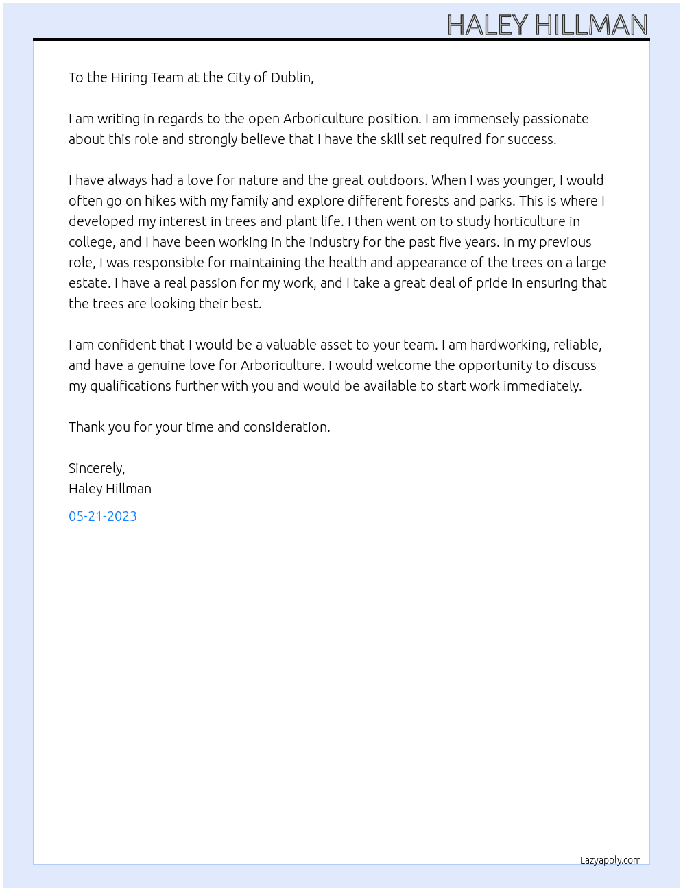 Arboriculture At City of Dublin Cover Letter