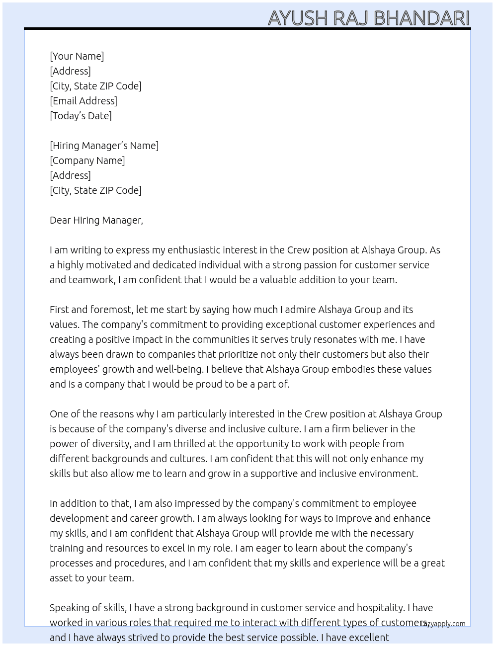 Crew  At Alshaya Group Cover Letter