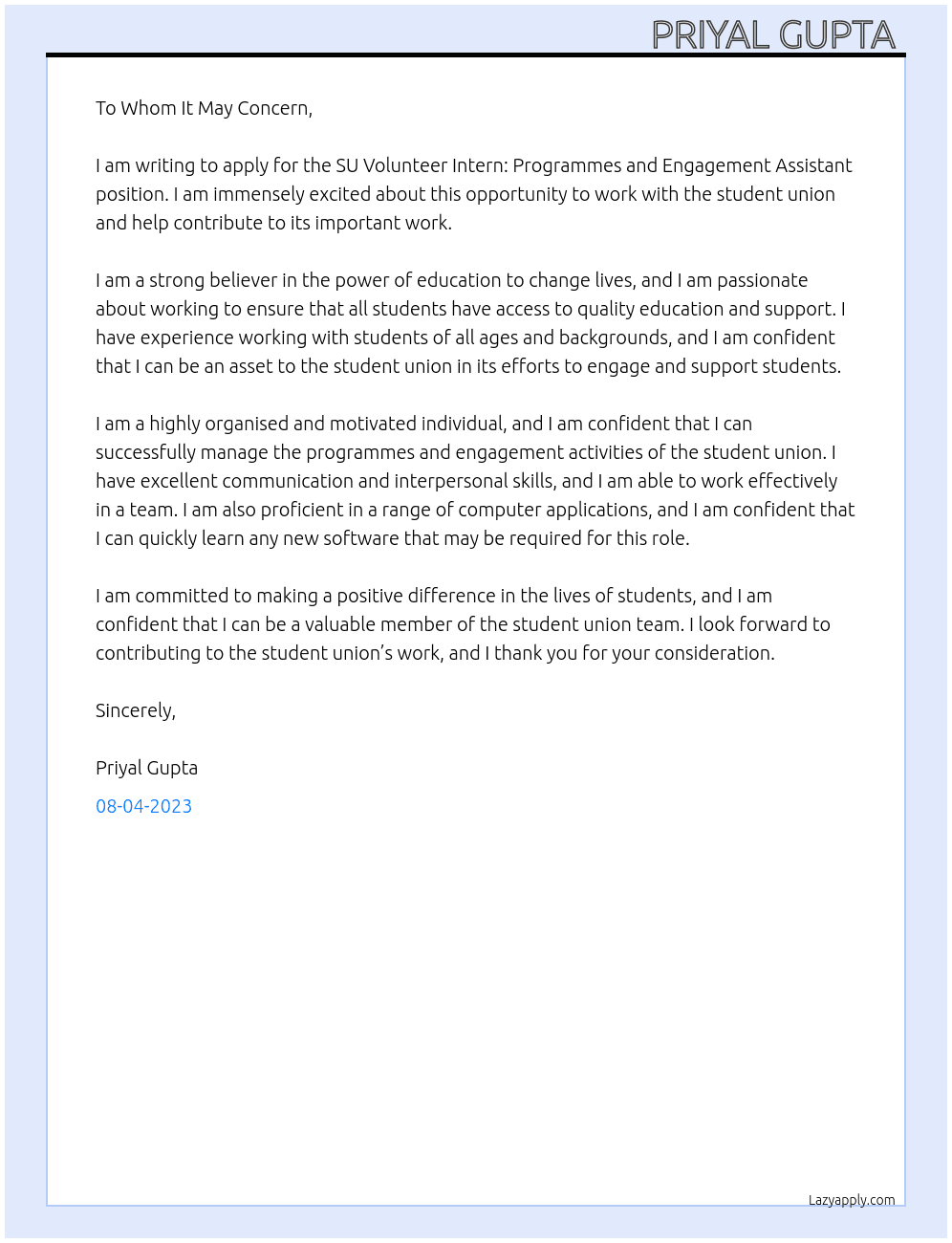SU Volunteer Intern: Programmes and Engagement Assistant At student union  Cover Letter