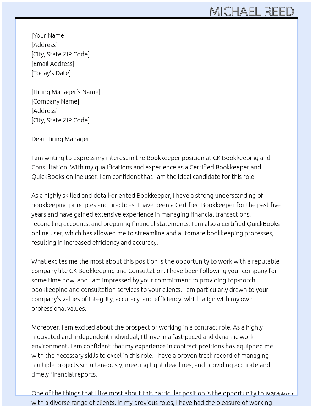 Bookkeeper  At CK Bookkeeping and Consultation  Cover Letter