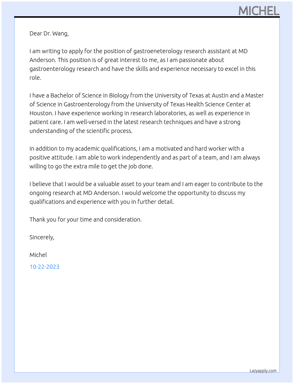 gastroeneterology research assistant  At MD Anderson Cover Letter