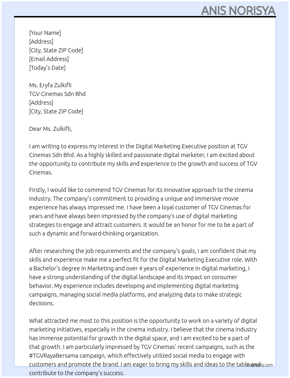 Digital Marketing Executive At TGV Cinemas Sdn Bhd Cover Letter