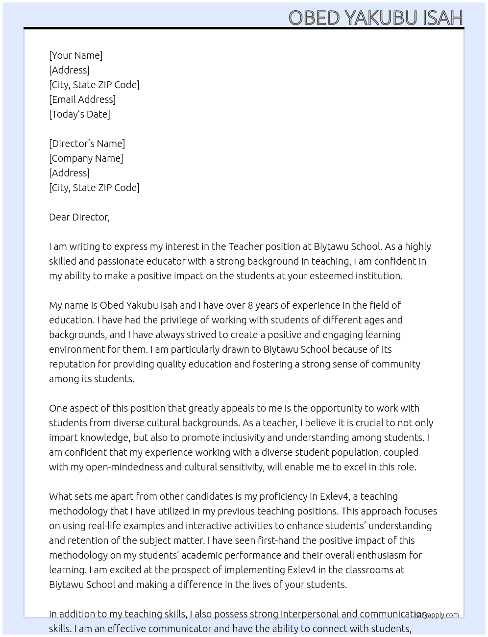 Teacher At Biytawu school Cover Letter