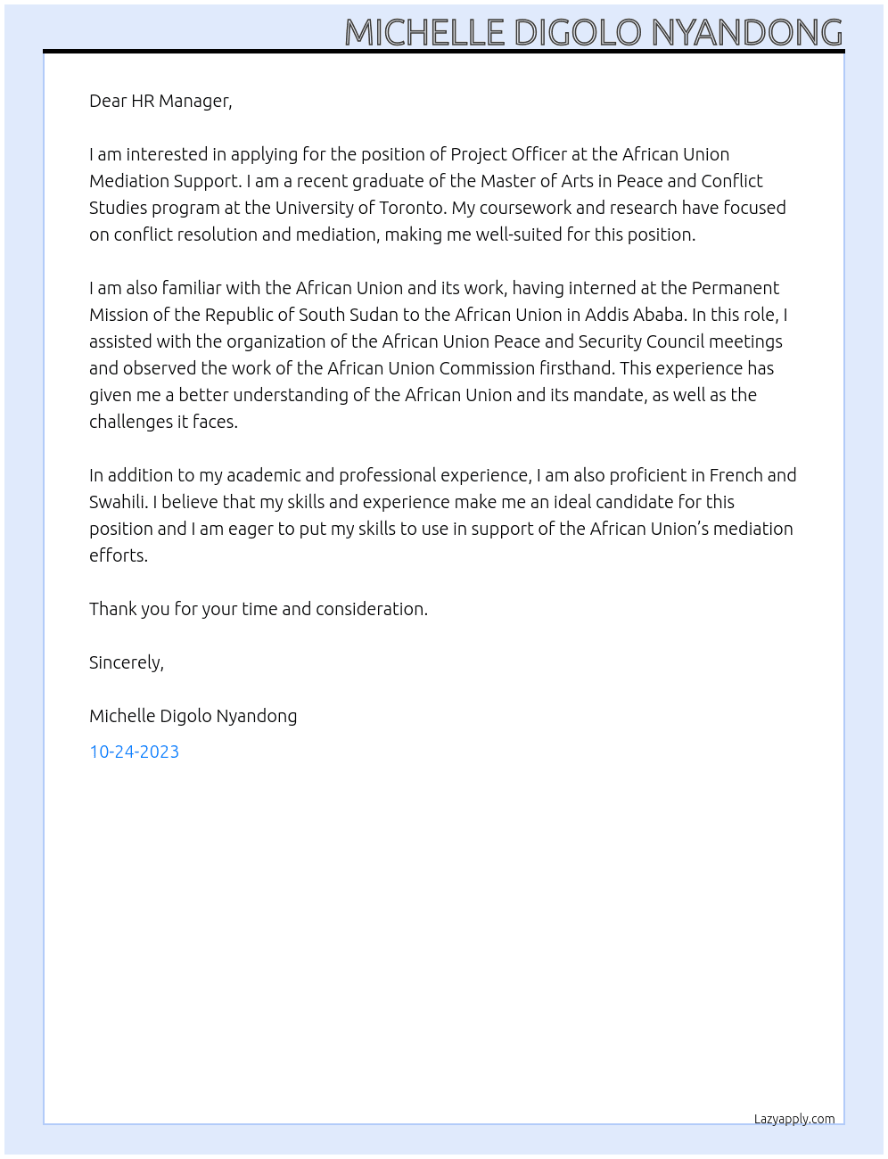 Project Officer, African Union Mediation Support At CMI – Martti Ahtisaari Peace Foundation  Cover Letter