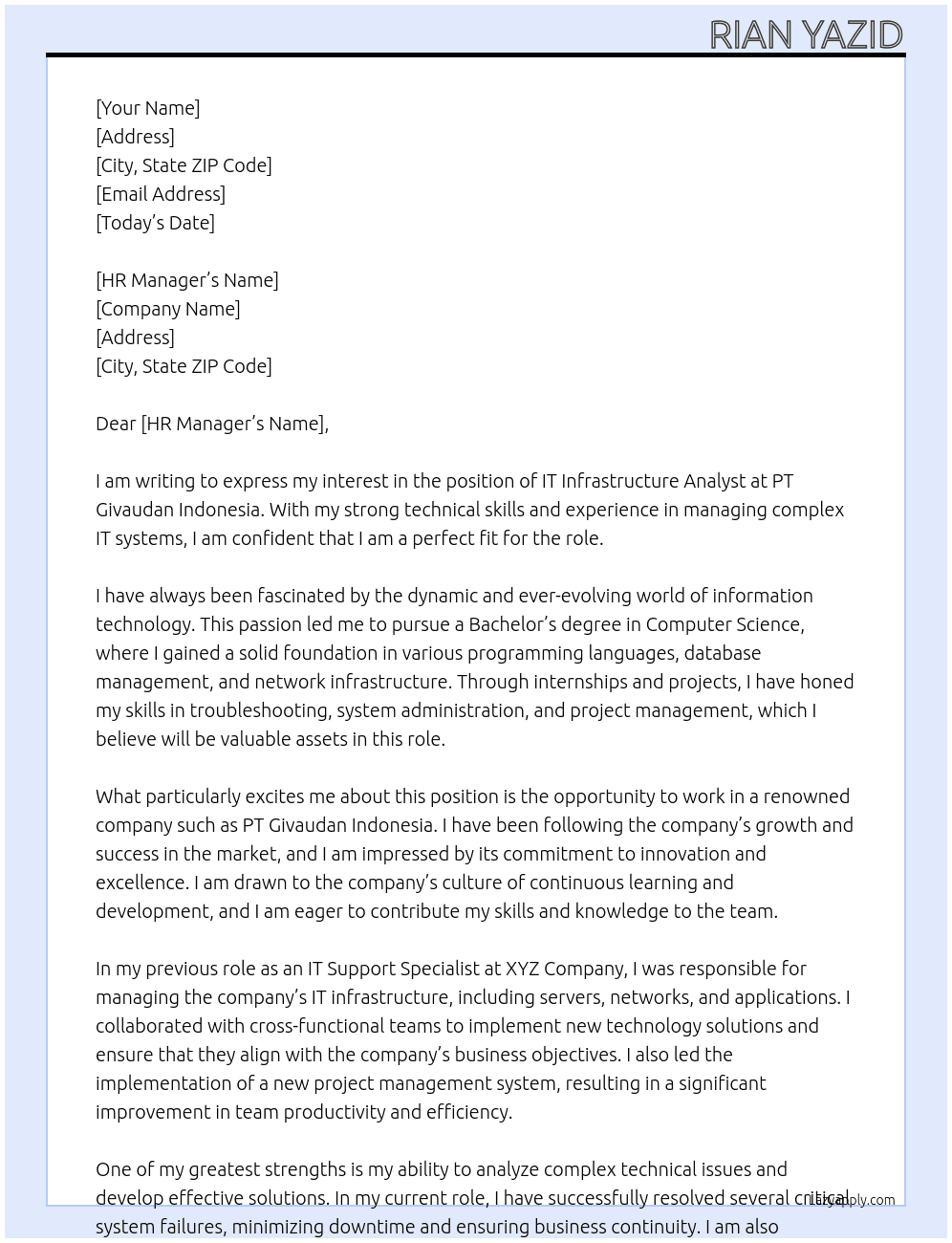 IT Infrastructure Analyst At PT Givaudan Indonesia Cover Letter