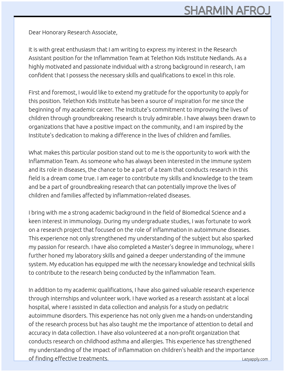 research assistant for inflammation team At Telethon Kids INstitute Nedlands Cover Letter