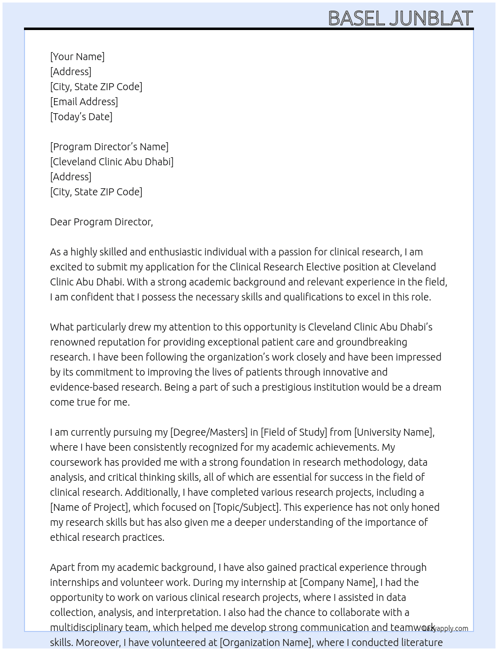 Clinical research elective  At Cleaveland clinic Abu dhabi  Cover Letter