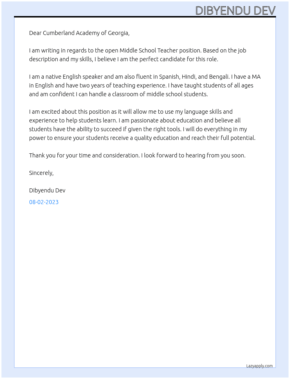 Middle School Teacher At Cumberland Academy of Georgia Cover Letter