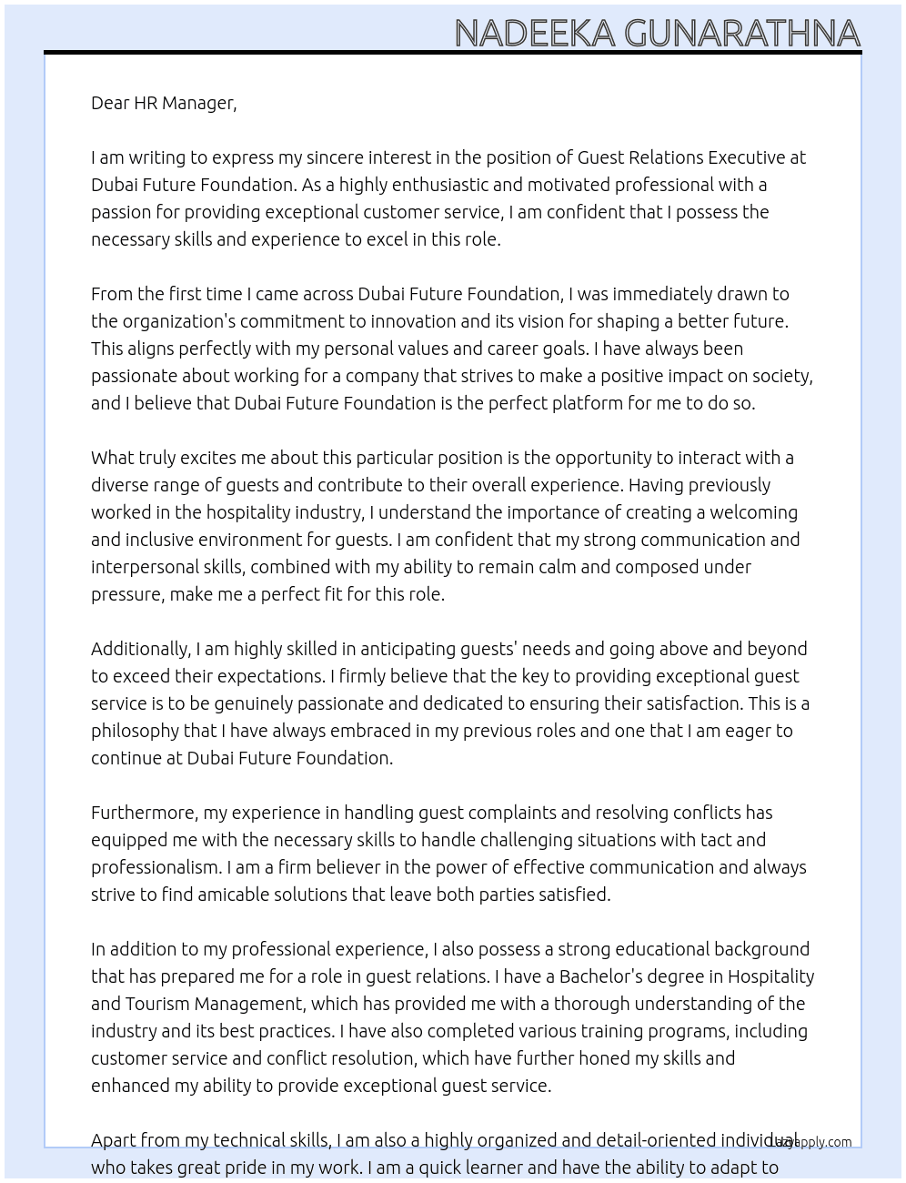 GUEST RELATIONS EXECUTIVE At Dubai Future Foundation Cover Letter