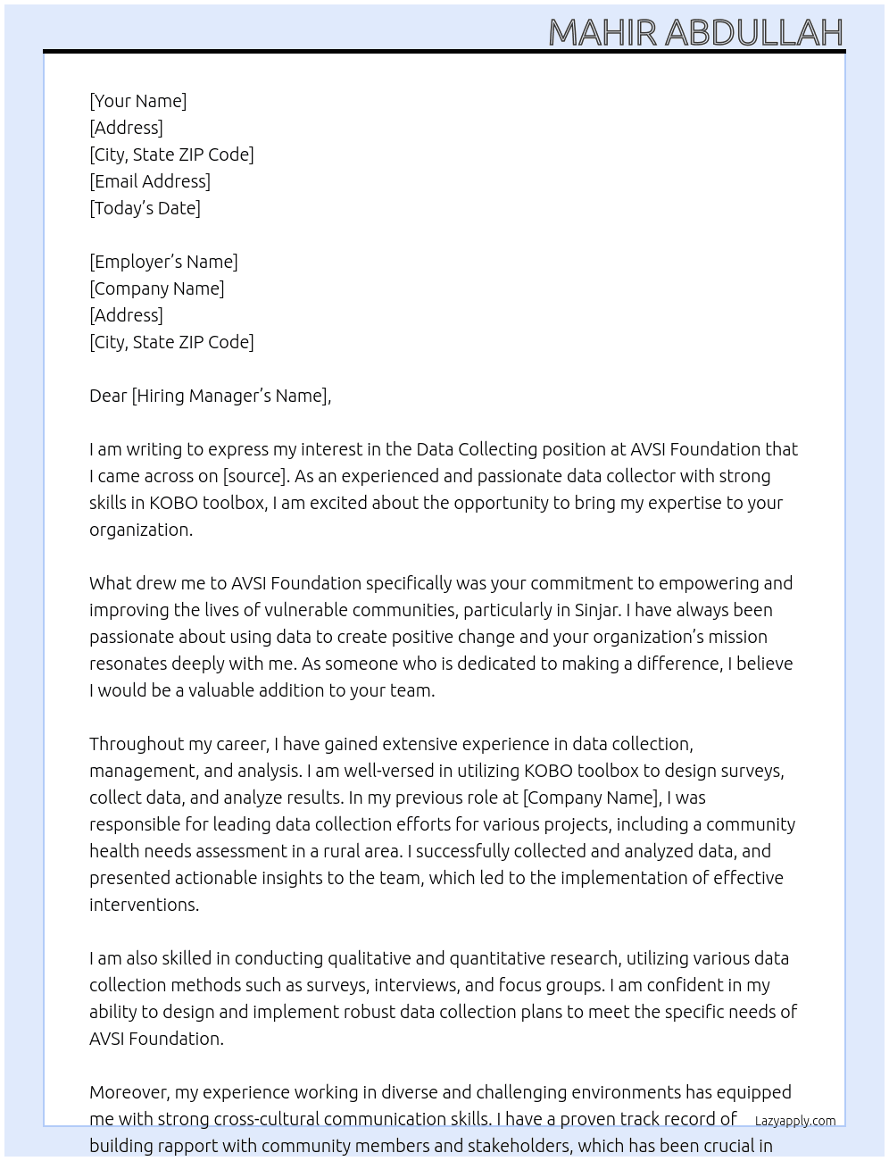 Data Collecting At AVSI Foundation Cover Letter