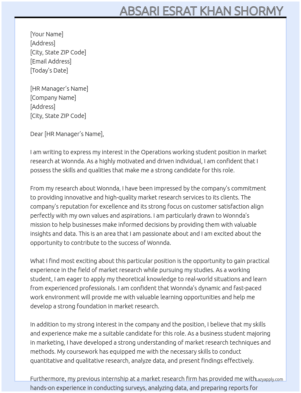 Operations working student in market research  At Wonnda  Cover Letter