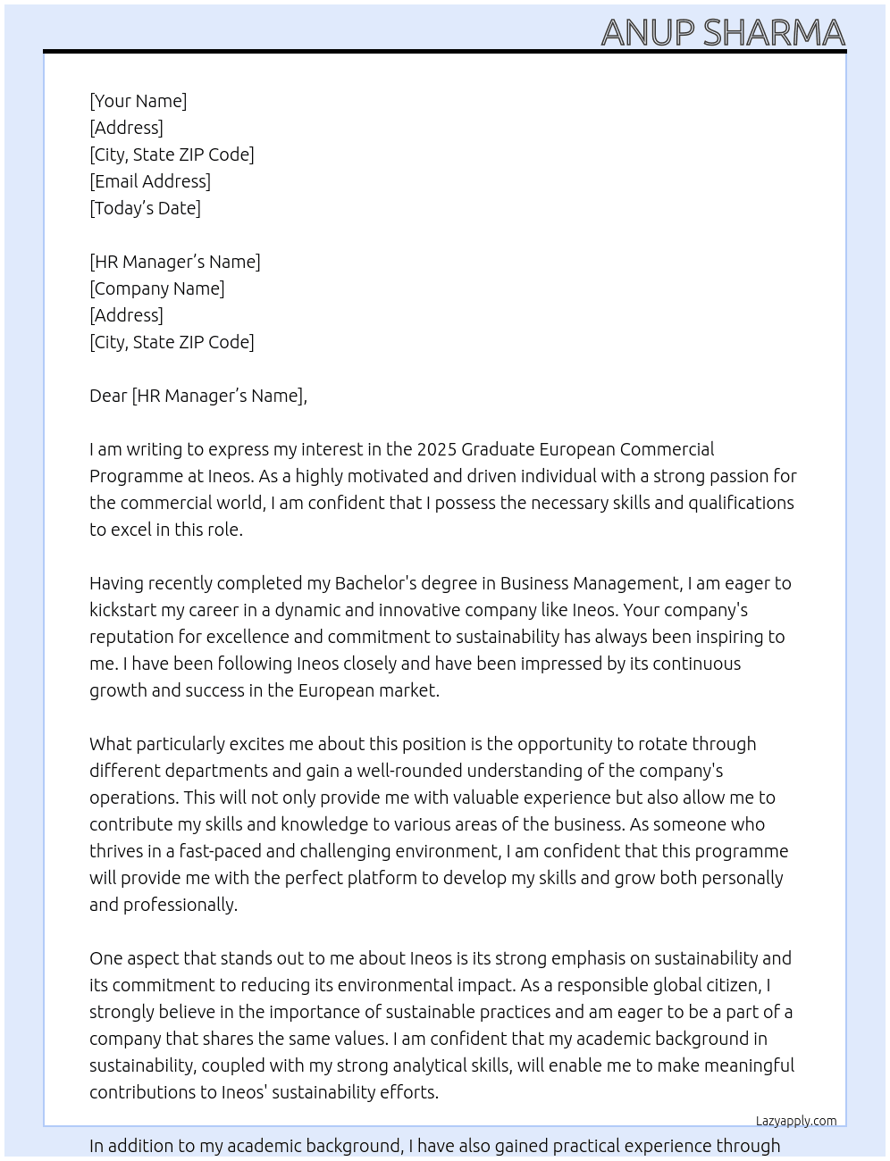 2025 Graduate European Commercial Programme At Ineos Cover Letter