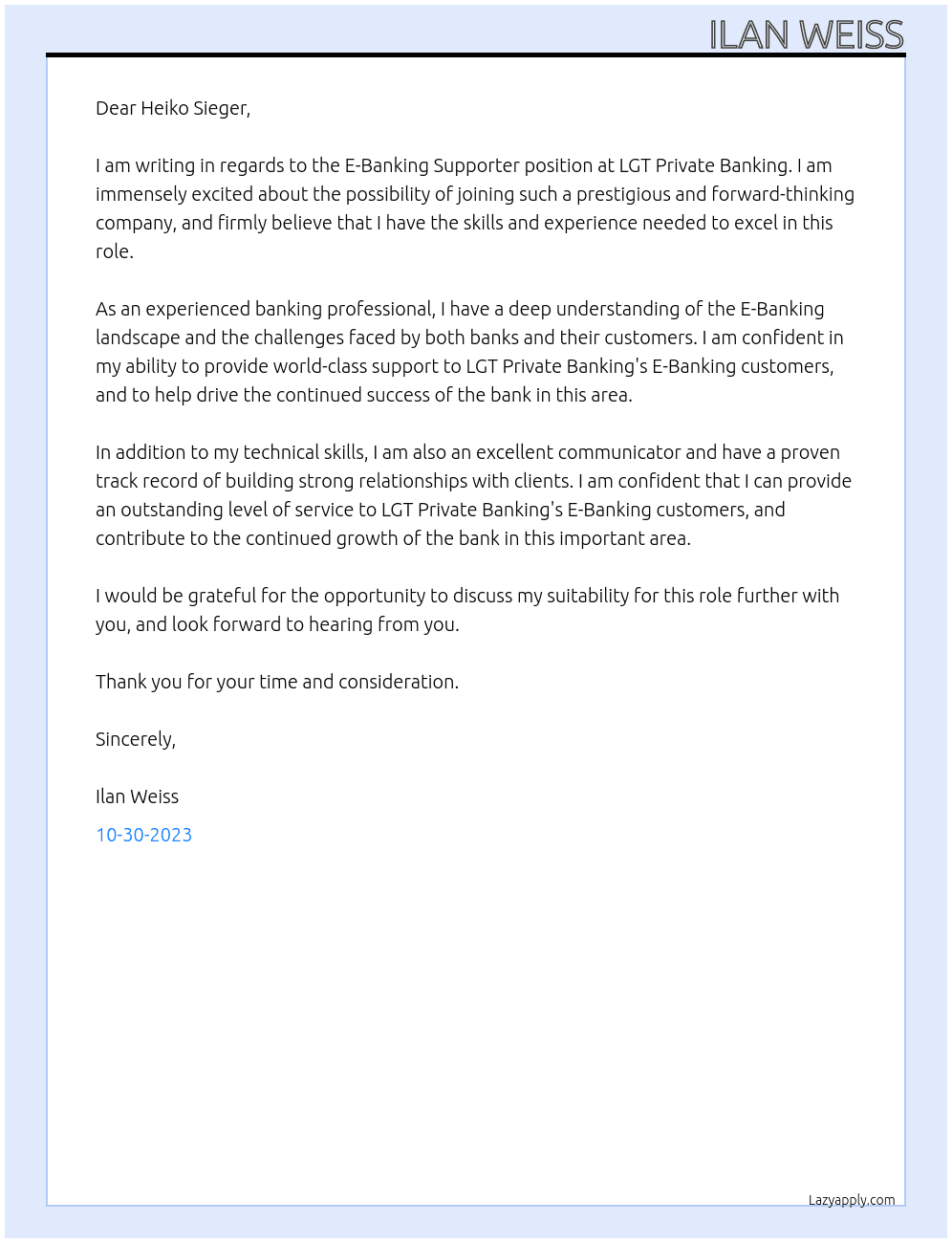 E-Banking Supporter At LGT Private Banking Cover Letter