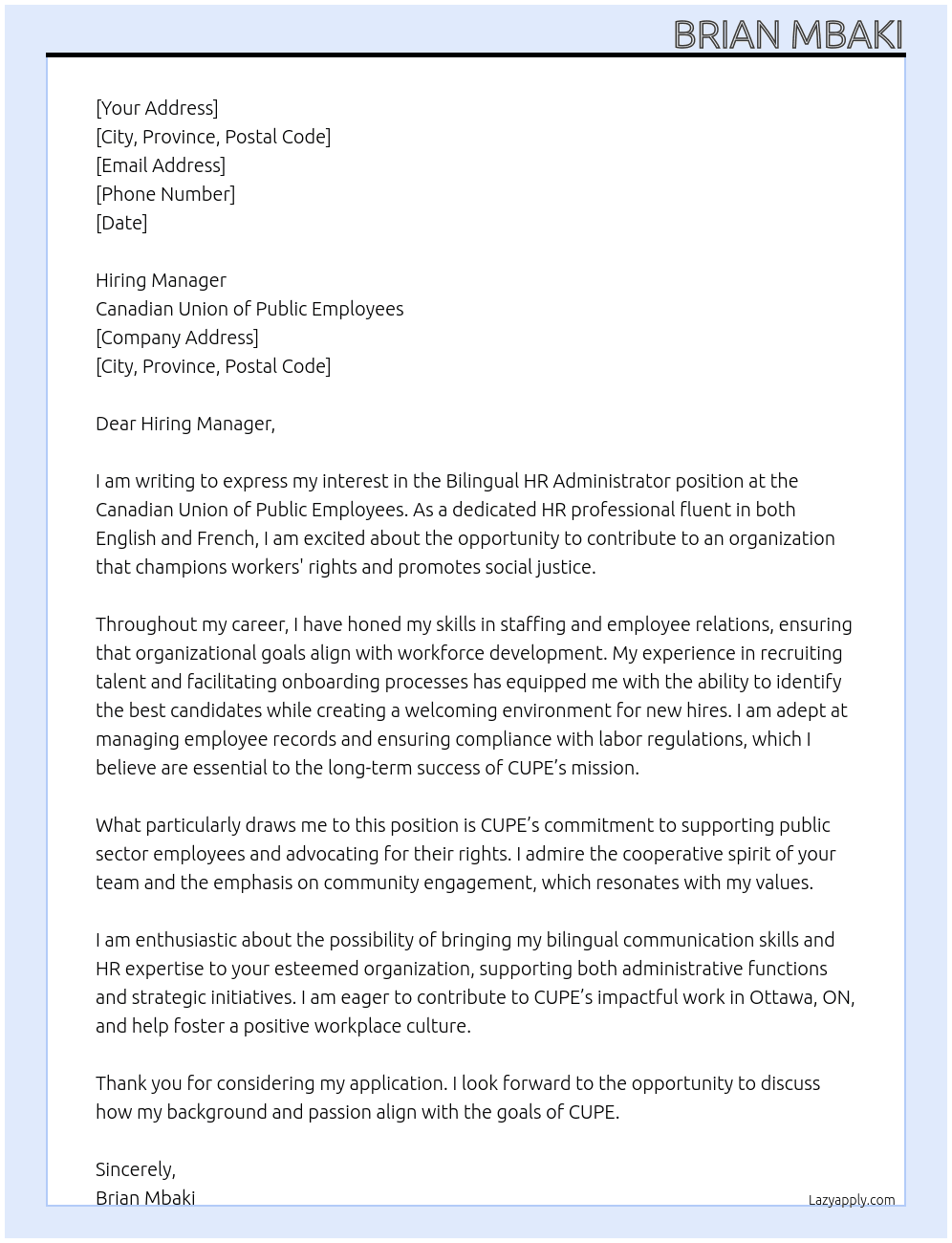 Cover letter for bilingual hr administrator - LazyApply