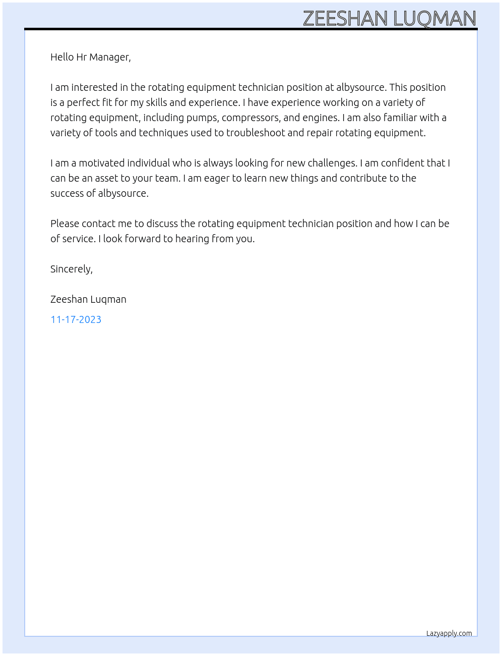 rotating equipment technician At albysource Cover Letter