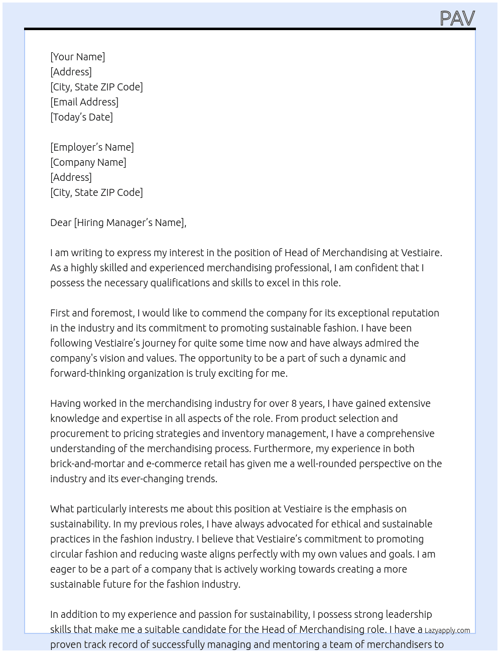 Head of Merchandising At Vestiaire Cover Letter