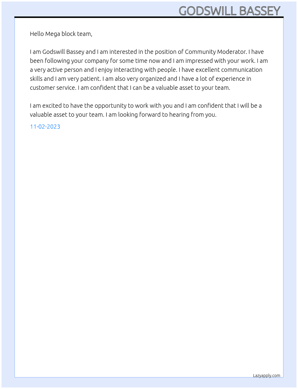 Community Moderator  At Mega block Cover Letter