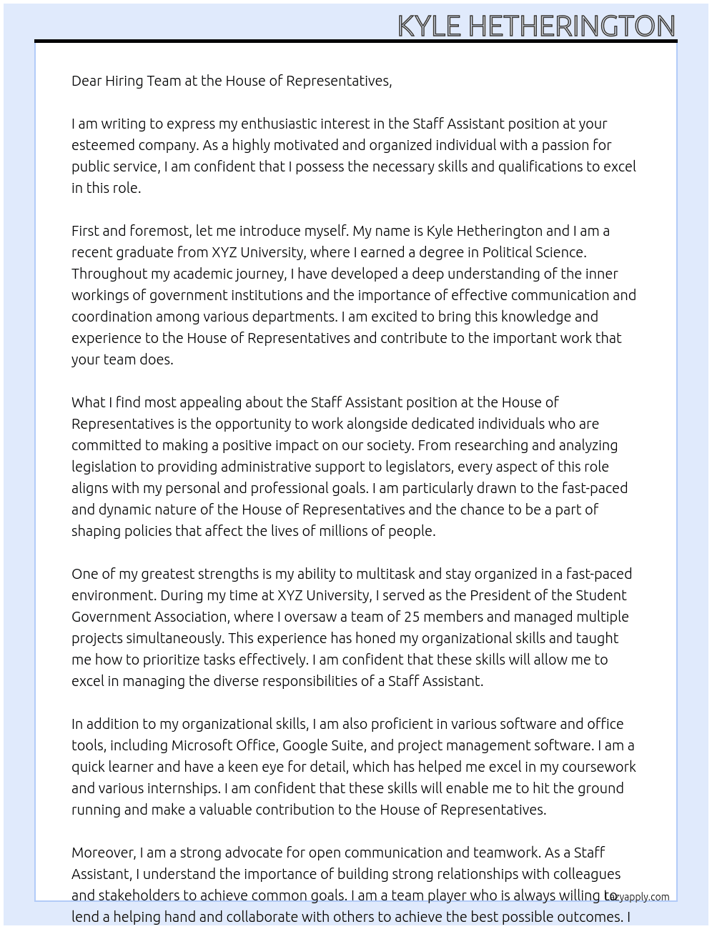 Staff Assistant At House of Representatives Cover Letter
