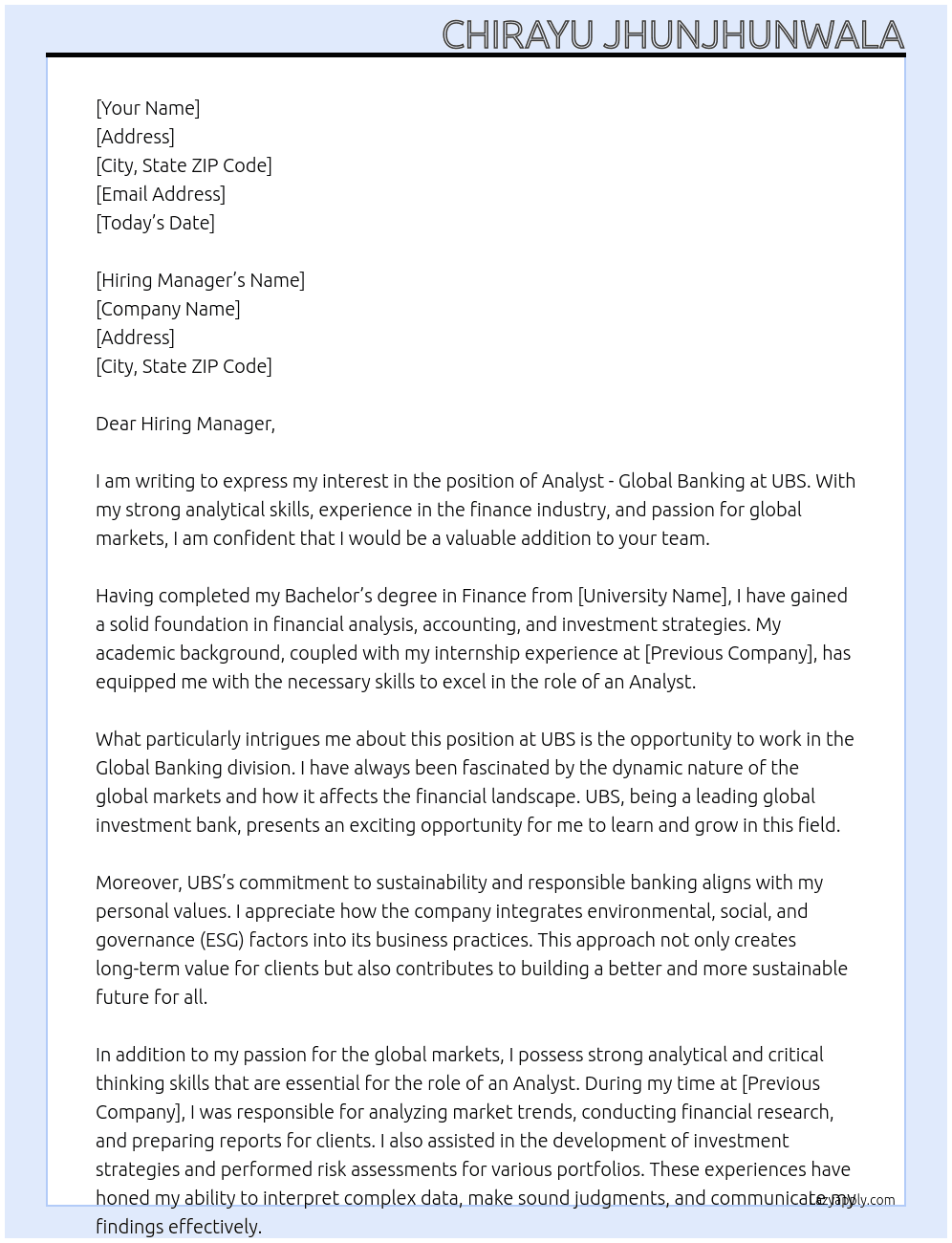 Analyst - Global Baking At UBS Cover Letter