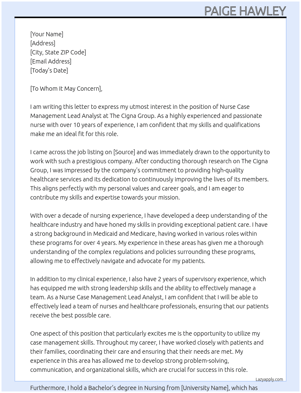 Nurse Case Management Lead Analyst At The Cigna Group Cover Letter