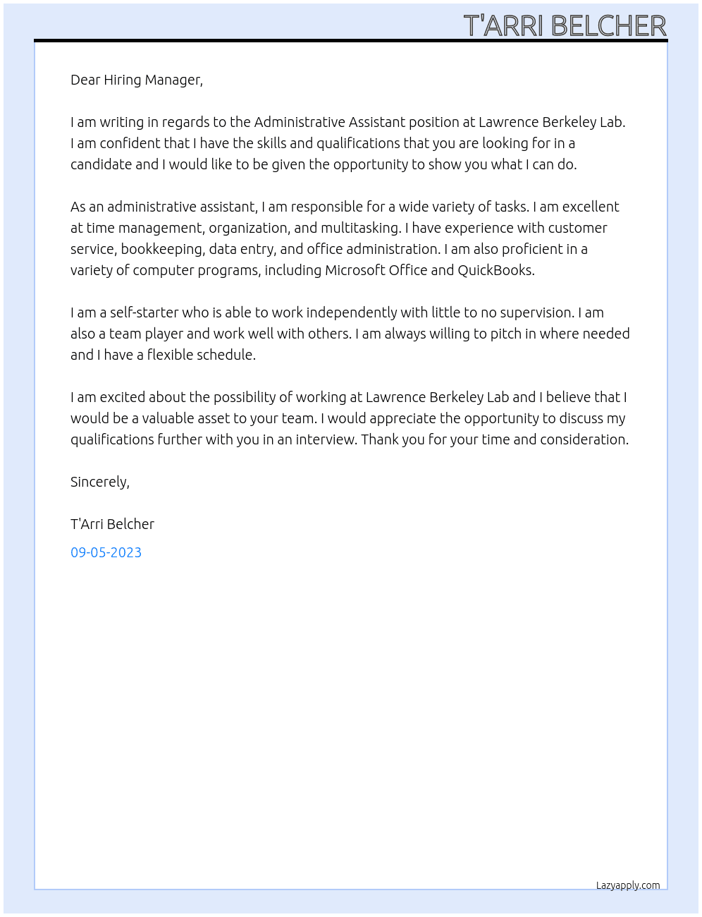 Administrative Assistant At Lawrence Berkeley Lab Cover Letter