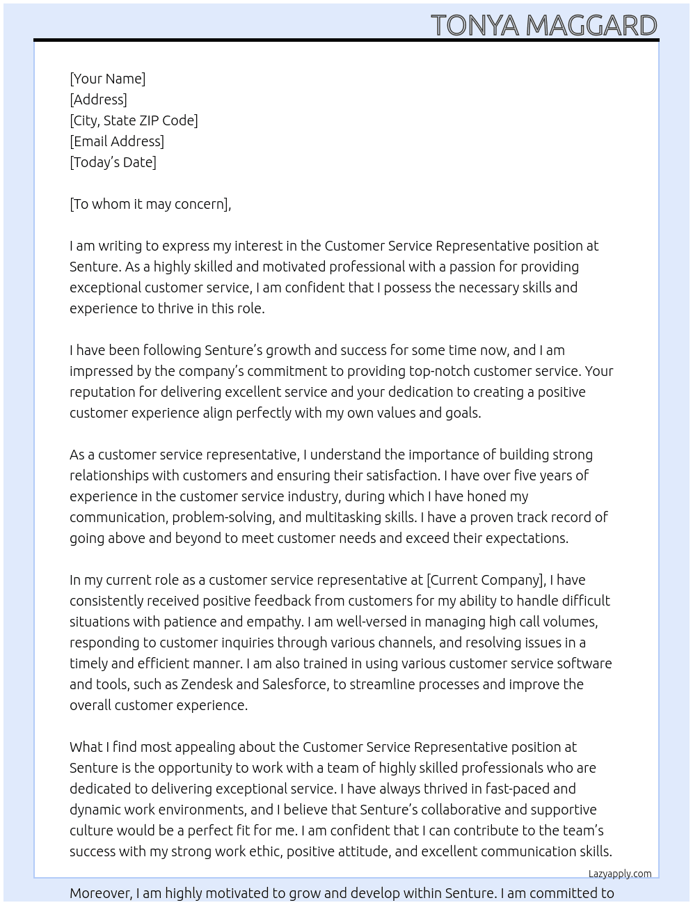 Customer service representative  At Senture Cover Letter