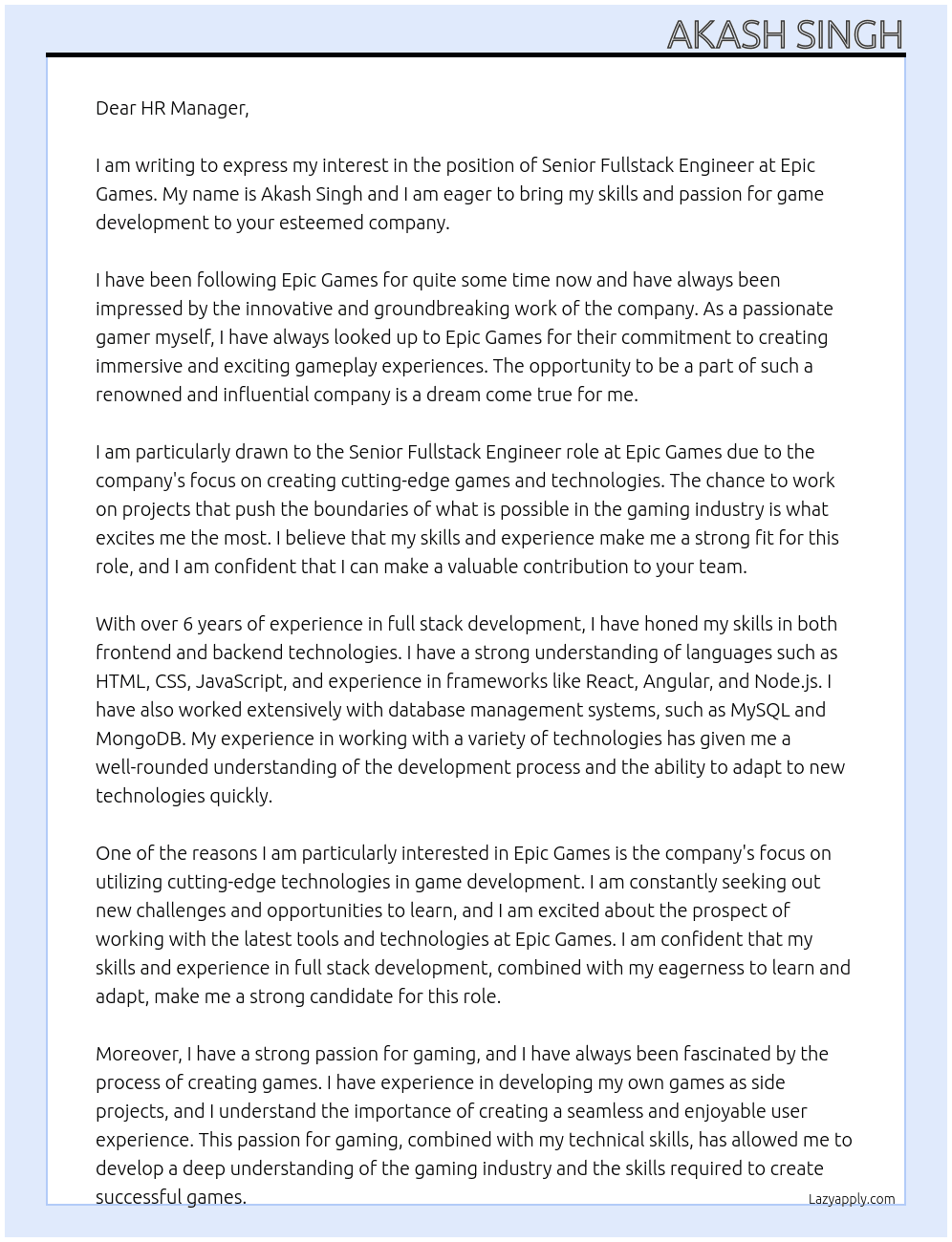 SENIOR FULLSTACK ENGINEER At Epic Games Cover Letter