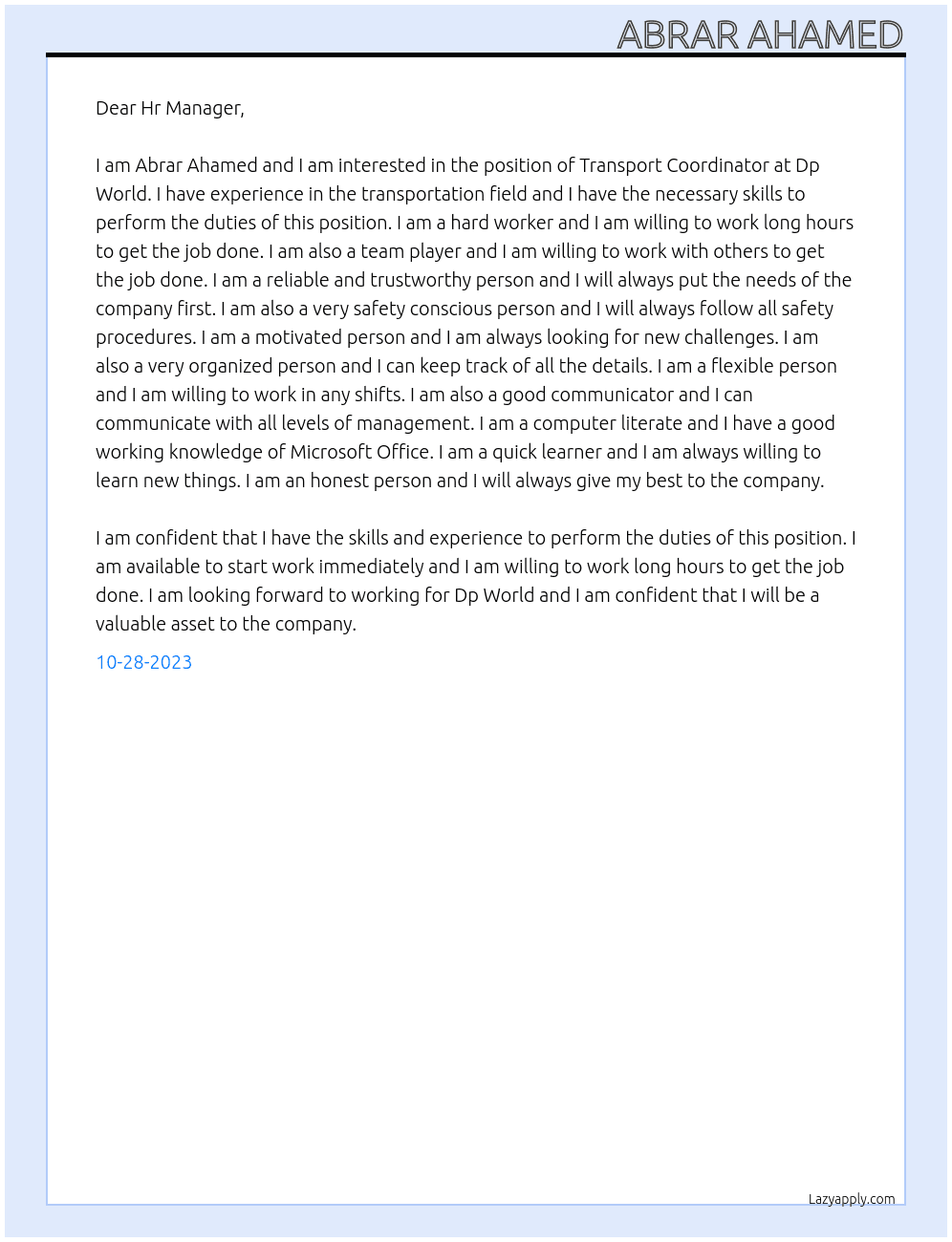 Transport Coordinator At Dp World  Cover Letter