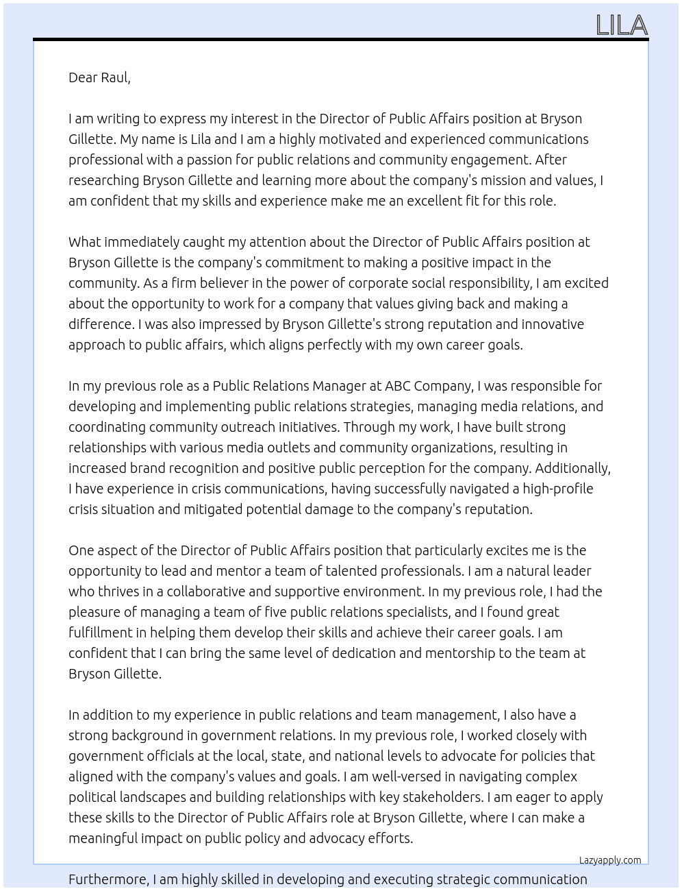 Director, Public Affairs At Bryson Gillette Cover Letter