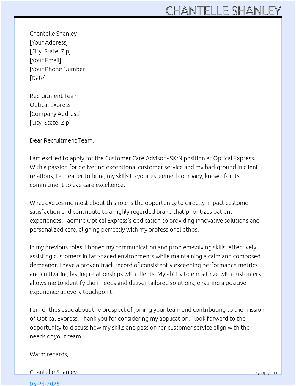 Cover letter for customer care advisor – sk:n - LazyApply