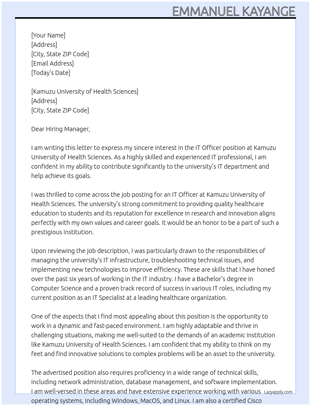 IT officer  At Kamuzu University of Health Sciences Cover Letter
