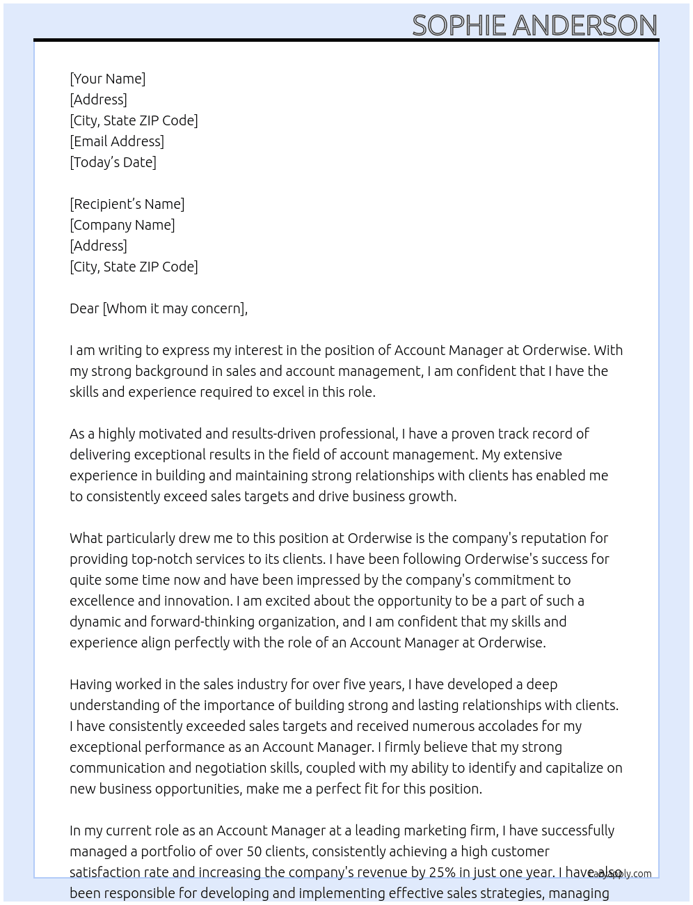 Account manager  At Orderwise Cover Letter