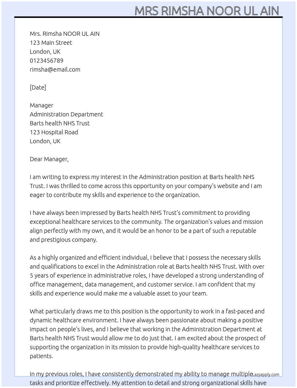 Administration  At Barts health NHS Trust Cover Letter